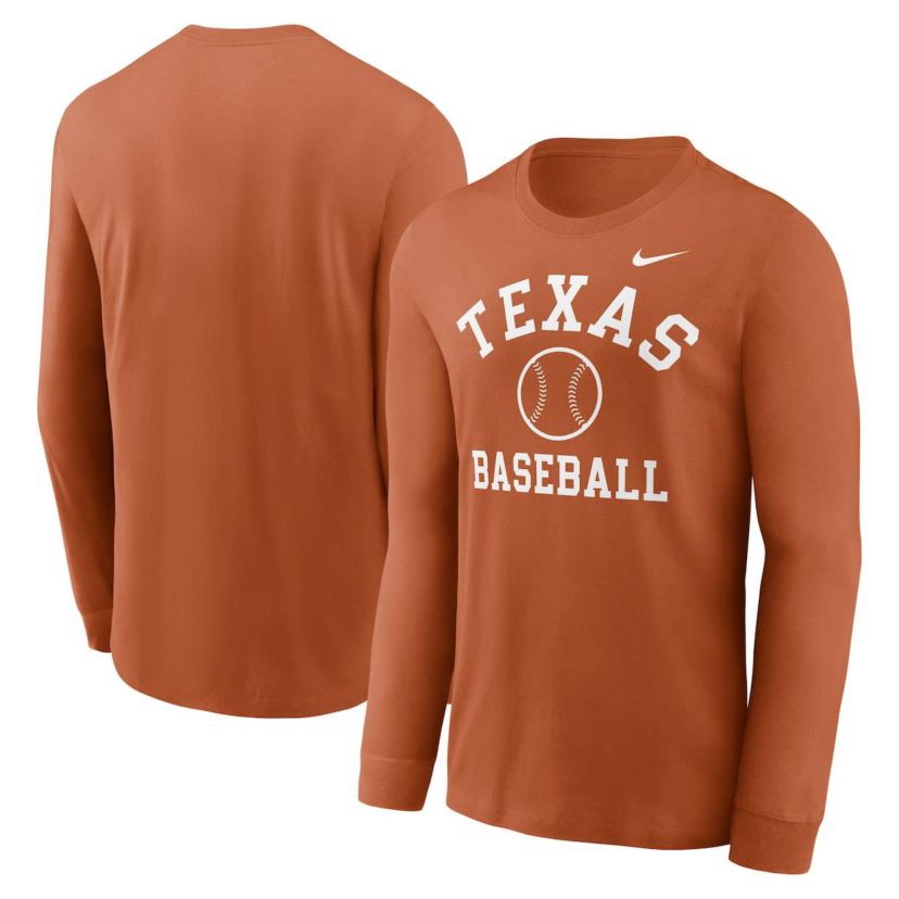 NCAA Nike Texas Texas Longhorns Essential Baseball Arch Long Sleeve T-Shirt