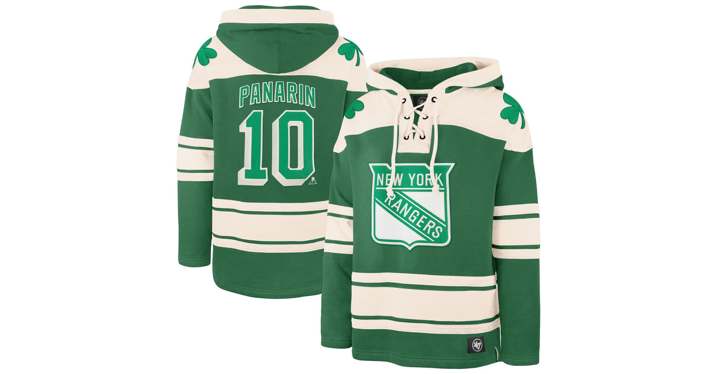 NHL Artemi Panarin Kelly New York Rangers St. Patricks Day Player Name & Number Lacer Pullover Hoodie