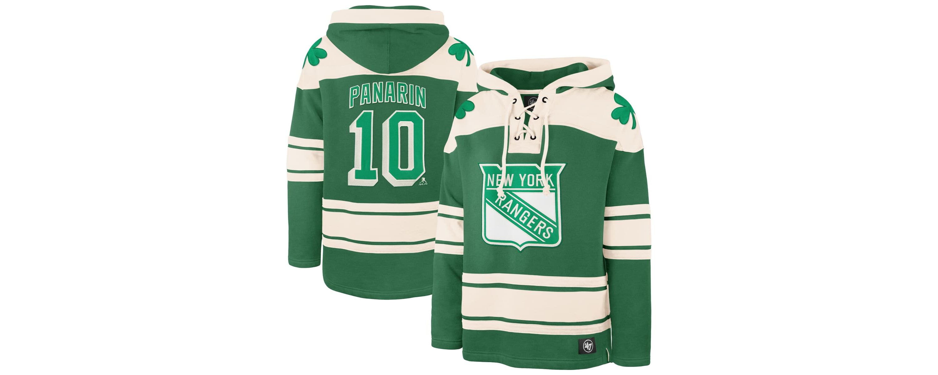 NHL Artemi Panarin Kelly New York Rangers St. Patricks Day Player Name & Number Lacer Pullover Hoodie