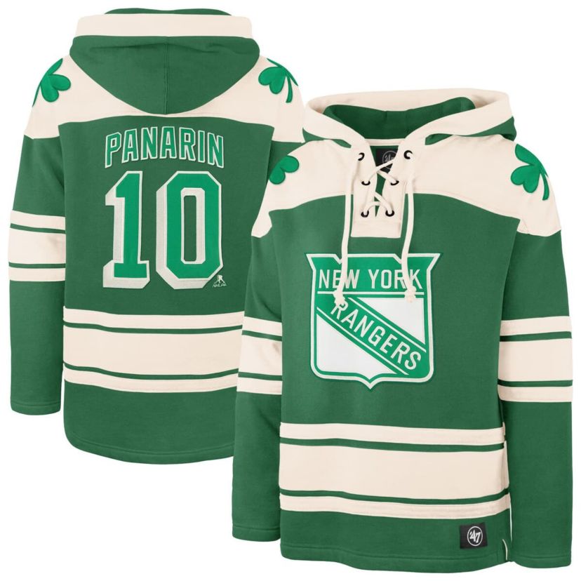 NHL Artemi Panarin Kelly New York Rangers St. Patricks Day Player Name & Number Lacer Pullover Hoodie