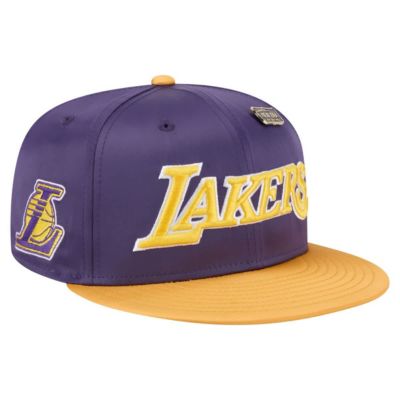 New Era Men's NBA Purple/Gold Los Angeles Lakers Throwback Satin Vintage Pin Two-Tone 59FIFTY Fitted Hat, Purple, 7 3/8