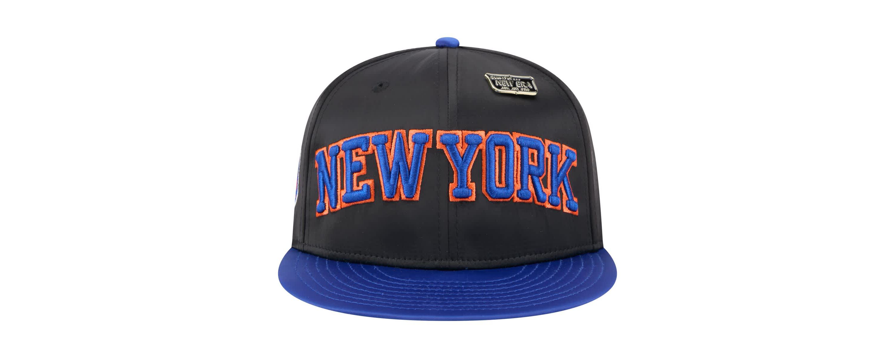 NBA Black/Blue New York Knicks Throwback Satin Vintage Pin Two-Tone 59FIFTY Fitted Hat