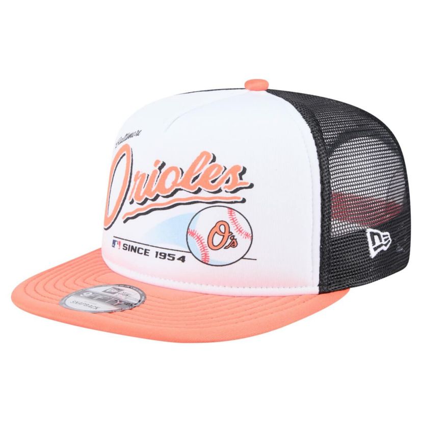 MLB White/Orange Baltimore Orioles Retro Script Trucker 9FIFTY Snapback Hat