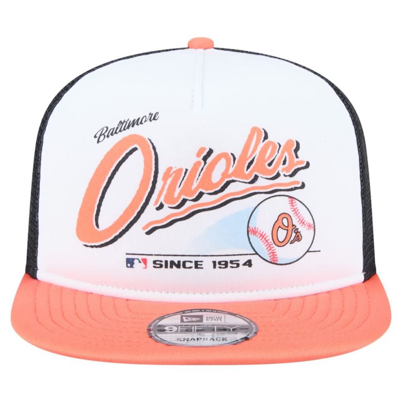MLB White/Orange Baltimore Orioles Retro Script Trucker 9FIFTY Snapback Hat