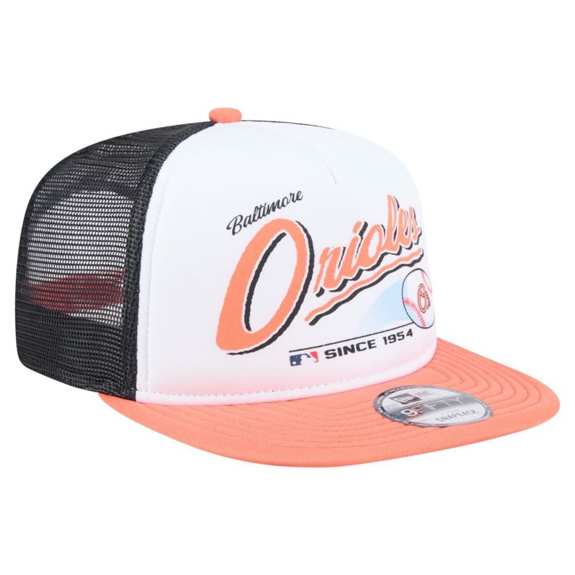 MLB White/Orange Baltimore Orioles Retro Script Trucker 9FIFTY Snapback Hat