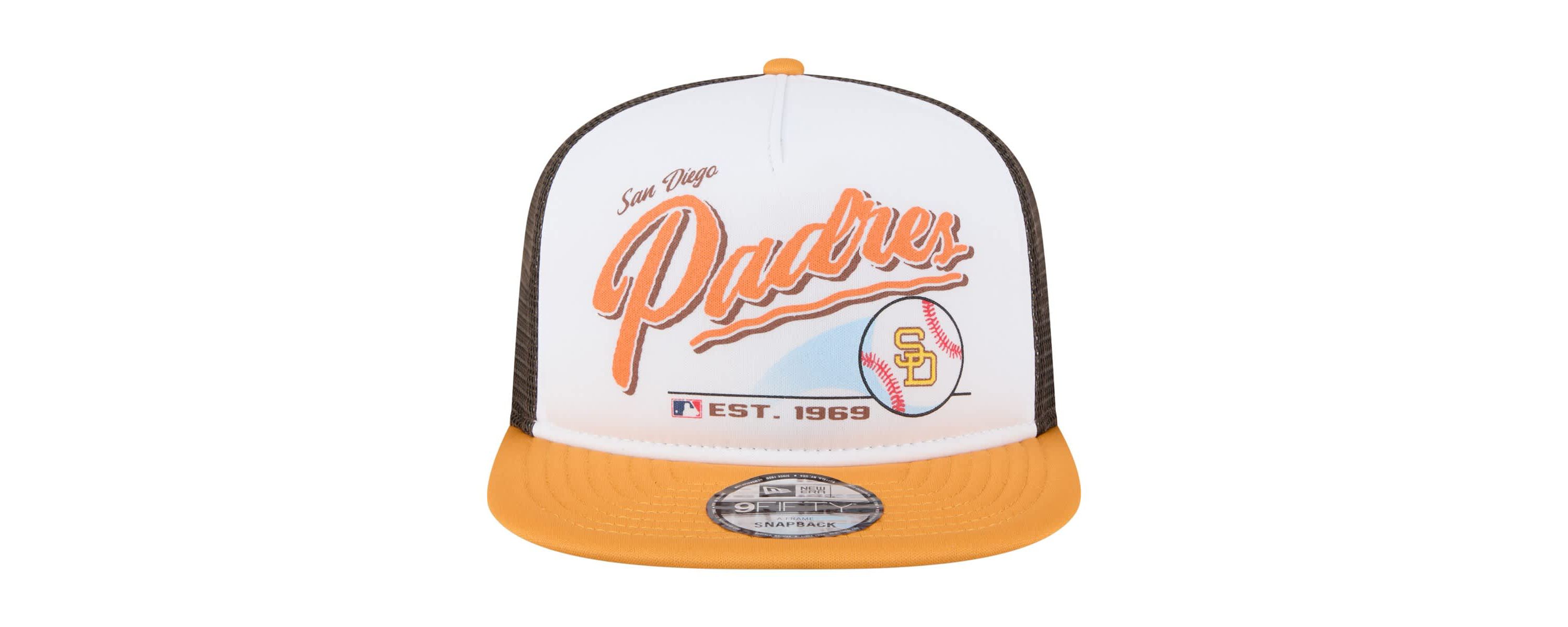 MLB White/Gold San Diego Padres Retro Script Trucker 9FIFTY Snapback Hat