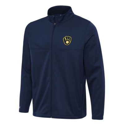 Antigua Men's MLB Milwaukee Brewers Links 2 Full-Zip Golf Jacket, Navy Blue, 3XL