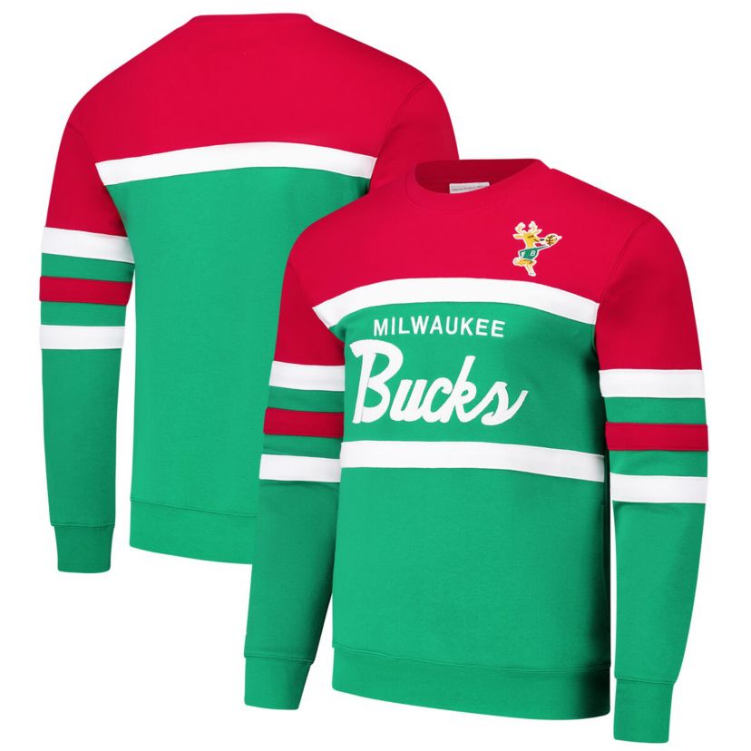 NBA Green/Red Milwaukee Bucks Hardwood Classics Vintage Logo Head Coach Pullover Sweatshirt
