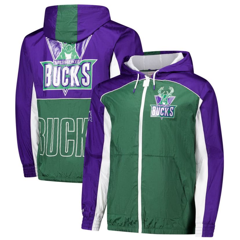 NBA Green/Purple Milwaukee Bucks Hardwood Classics Big Shot Premium Full-Zip Windbreaker Jacket