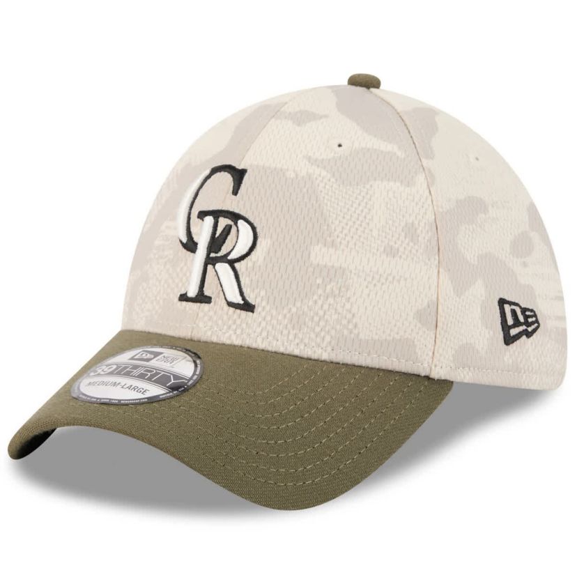 MLB Light Beige/Olive Colorado Rockies 2025 Armed Forces Day 39THIRTY Flex Hat