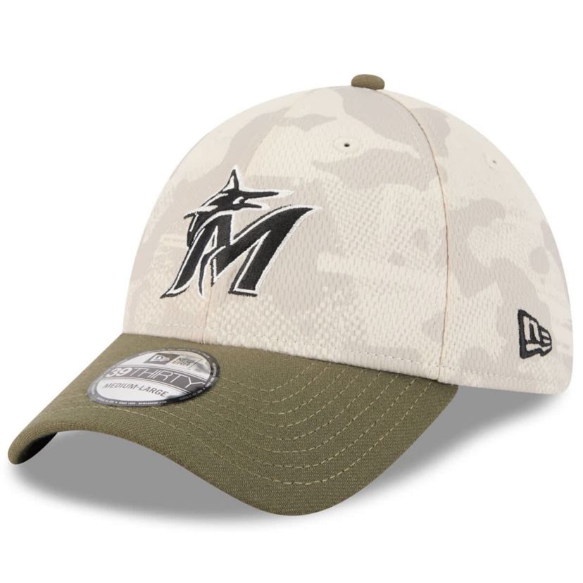 MLB Light Beige/Olive Miami Marlins 2025 Armed Forces Day 39THIRTY Flex Hat