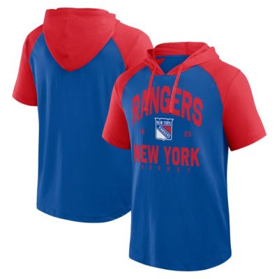 Men's NHL Logo Athletic New York Rangers Prime Raglan Short Sleeve Pullover Hoodie, Blue, Medium