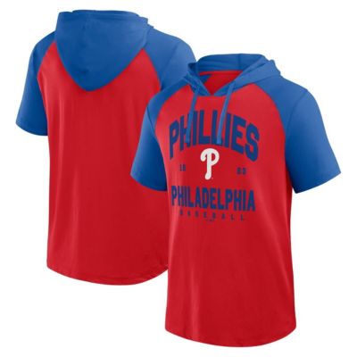 Men's MLB Logo Athletic Philadelphia Phillies Prime Raglan Short Sleeve Hoodie T-Shirt, Red, Small