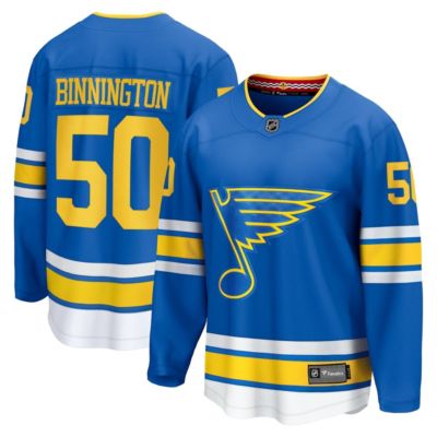 Men's NHL Fanatics Jordan Binnington St. Louis Blues Home Breakaway Player Jersey, Blue, 4XL