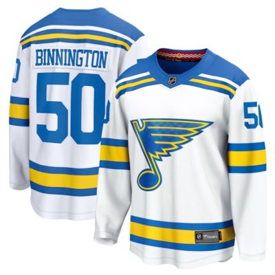 Men's NHL Fanatics Jordan Binnington St. Louis Blues Away Breakaway Player Jersey, White, Large