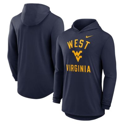 Men's NCAA Nike West Virginia Mountaineers Classic Arch Tri-Blend Dri-FIT Long Sleeve Hoodie T-Shirt, Navy Blue, Medium