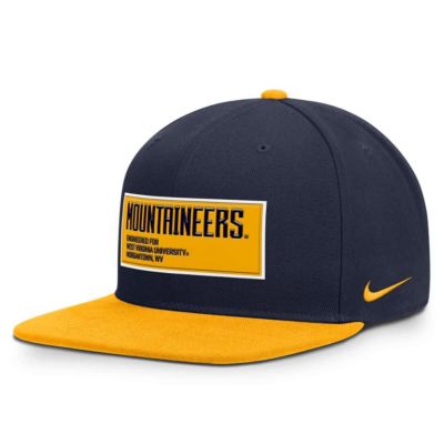Men's NCAA Nike Navy/Gold West Virginia Mountaineers 2025 On-Field Patch Pro Dri-FIT Snapback Hat, Navy Blue, Medium