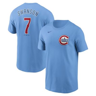Men's MLB Nike Dansby Swanson Light Chicago Cubs Fuse Name & Number T-Shirt, Light Blue, 2XL