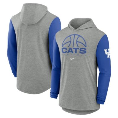 Men's NCAA Nike Kentucky Wildcats Basketball Color-Block Tri-Blend Dri-FIT Long Sleeve Hoodie T-Shirt, Gray, Medium