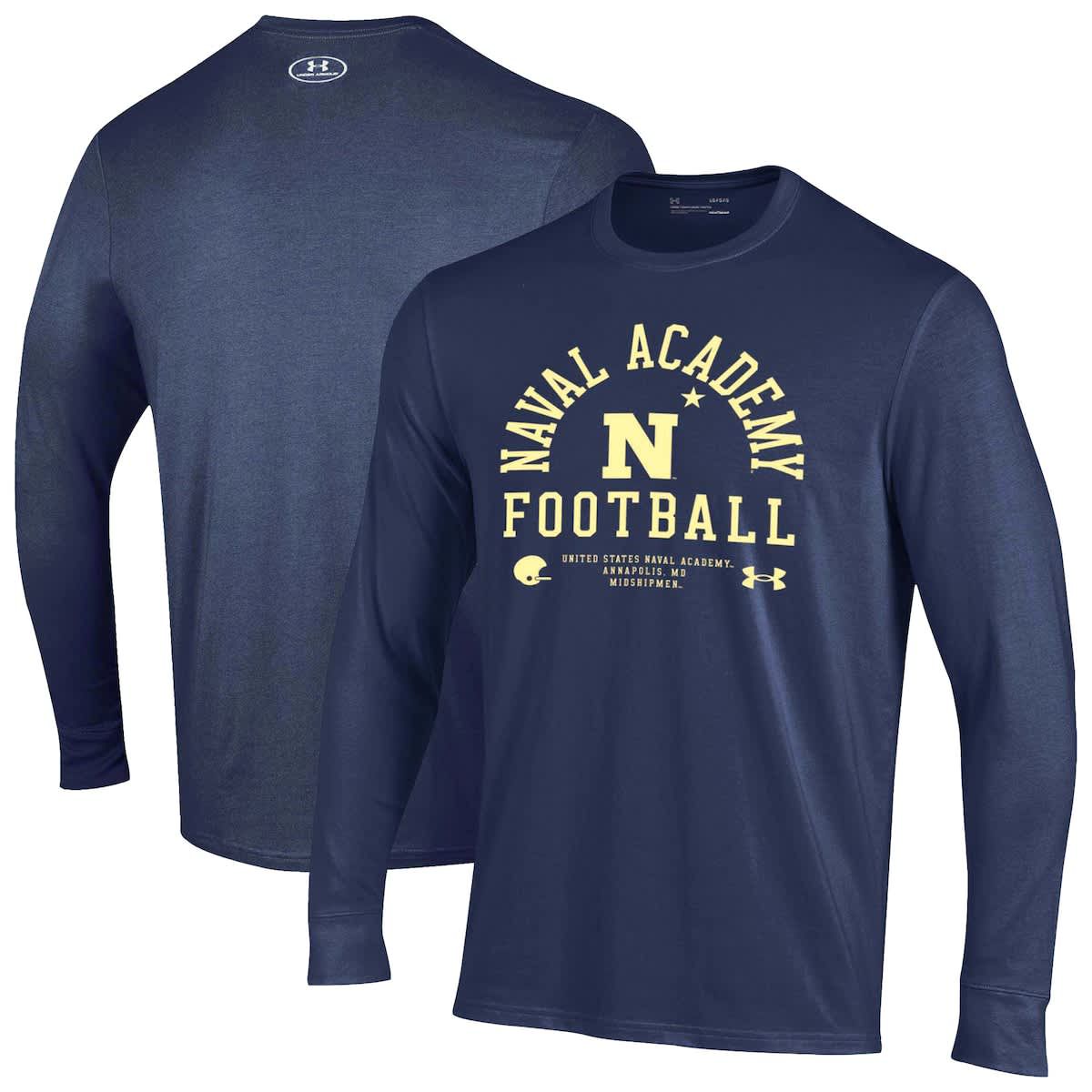 Navy Midshipmen NCAA Under Armour Midshipmen 2025 Sideline Football Performance Cotton Long Sleeve T-Shirt