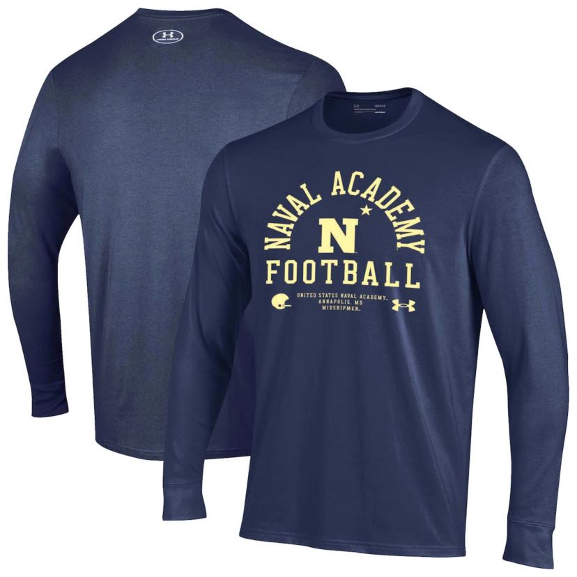 Navy Midshipmen NCAA Under Armour Midshipmen 2025 Sideline Football Performance Cotton Long Sleeve T-Shirt
