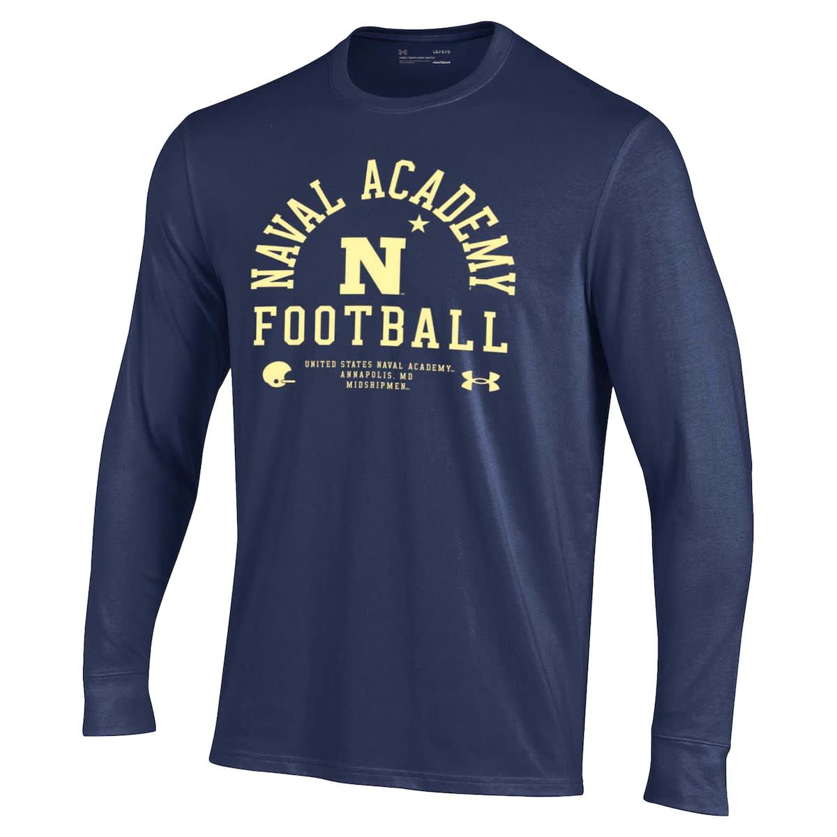 Navy Midshipmen NCAA Under Armour Midshipmen 2025 Sideline Football Performance Cotton Long Sleeve T-Shirt