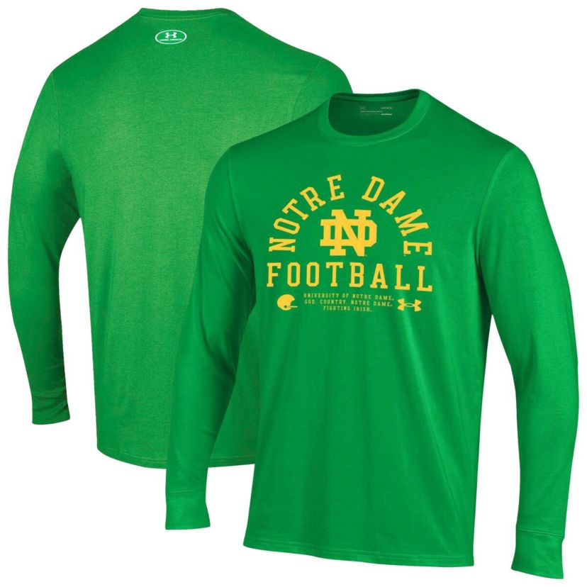 NCAA Under Armour Kelly Notre Dame Fighting Irish 2025 Sideline Football Performance Cotton Long Sleeve T-Shirt