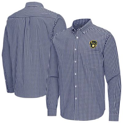 Antigua Men's MLB Milwaukee Brewers Ellis Woven Tri-Blend Button-Down Shirt, Navy Blue, 2XL