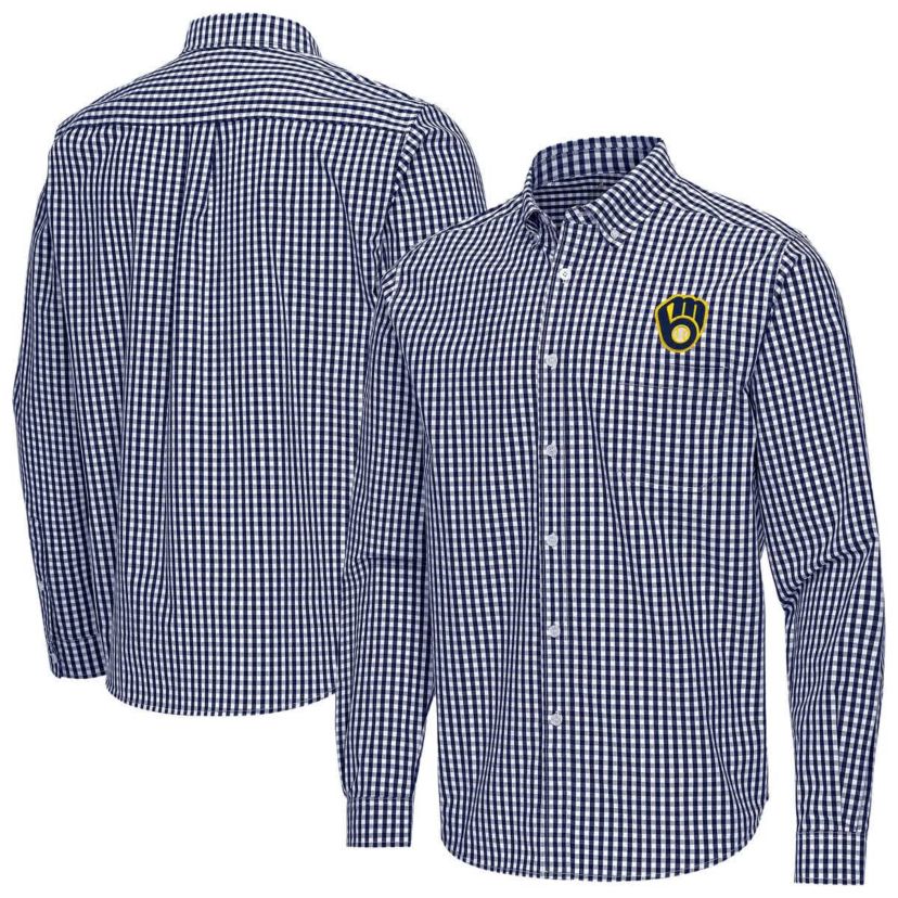 brewers dress shirt Milwaukee Brewers Mens Antigua Short Sleeve LIGHT BLUE Nobel Button Down  Shirt