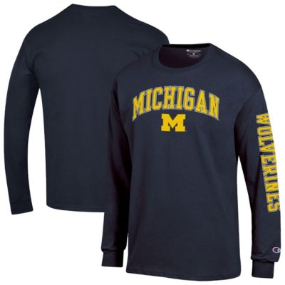 Champion Men's NCAA Michigan Wolverines Arch Over Logo 2-Hit Long Sleeve T-Shirt, Navy Blue, XL