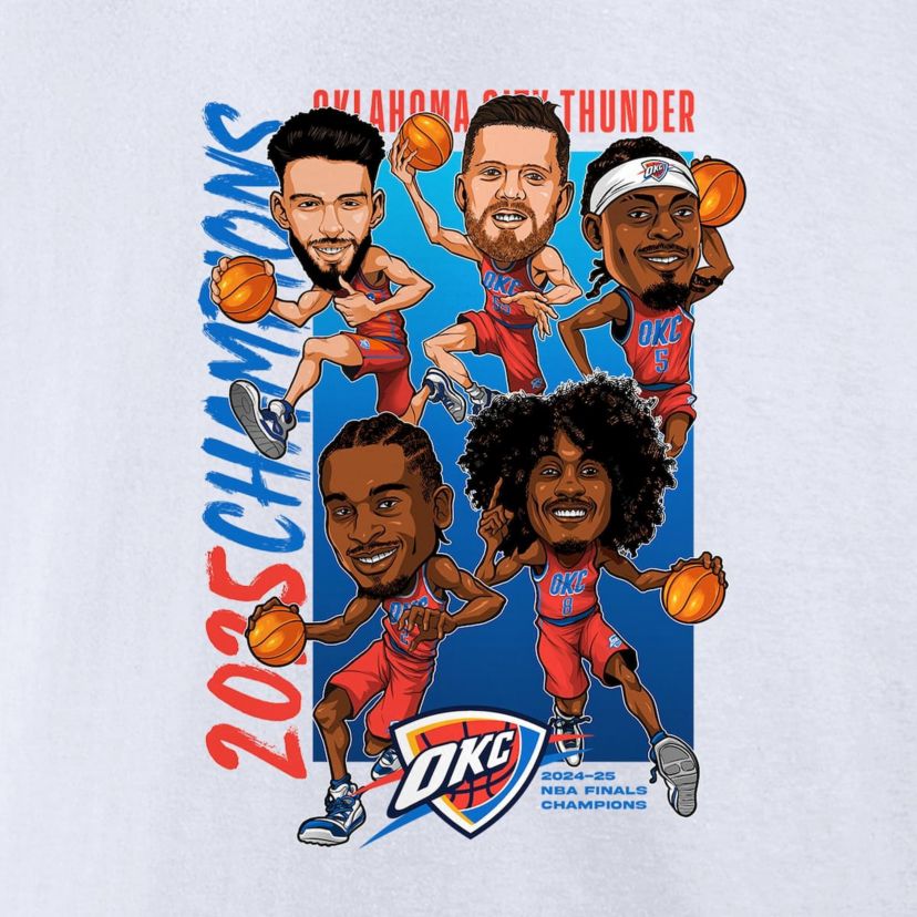 NBA Fanatics Oklahoma City Thunder 2025 NBA Finals s Caricature Full Court T-Shirt