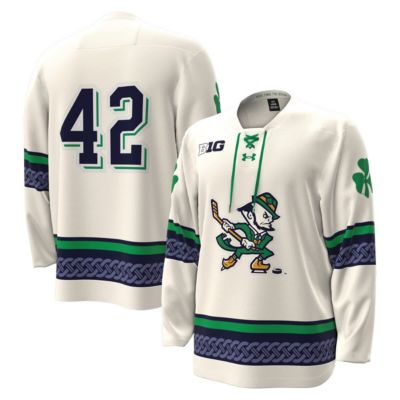 Men's NCAA Under Armour #42 Notre Dame Fighting Irish Alternate Leprechaun Replica Hockey Jersey, White, Small