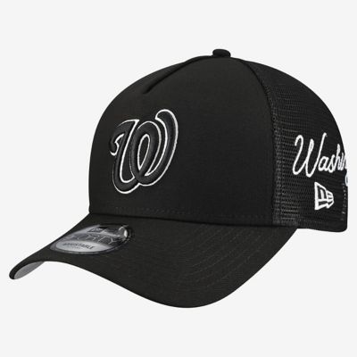 New Era Men's MLB Washington Nationals Side Script 9FORTY A-Frame Trucker Adjustable Hat, Black