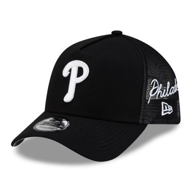 New Era Men's MLB Philadelphia Phillies Side Script 9FORTY A-Frame Trucker Adjustable Hat, Black