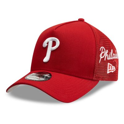 New Era Men's MLB Philadelphia Phillies Side Script 9FORTY A-Frame Trucker Adjustable Hat, Red