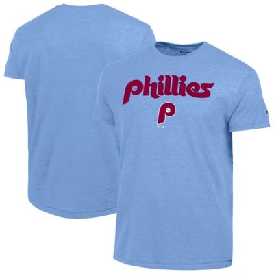 Champion Men's MLB Light Philadelphia Phillies Cooperstown Wordmark Lockup Tri-Blend T-Shirt, Light Blue, Small