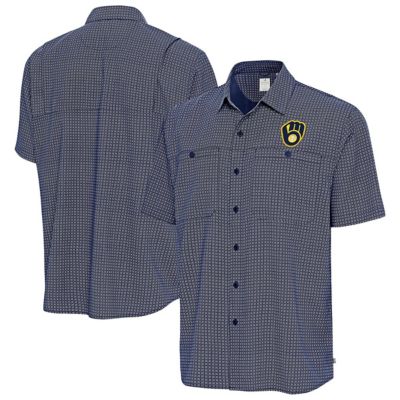Antigua Men's MLB Milwaukee Brewers Mosaic Button-Up Shirt, Navy Blue, XL