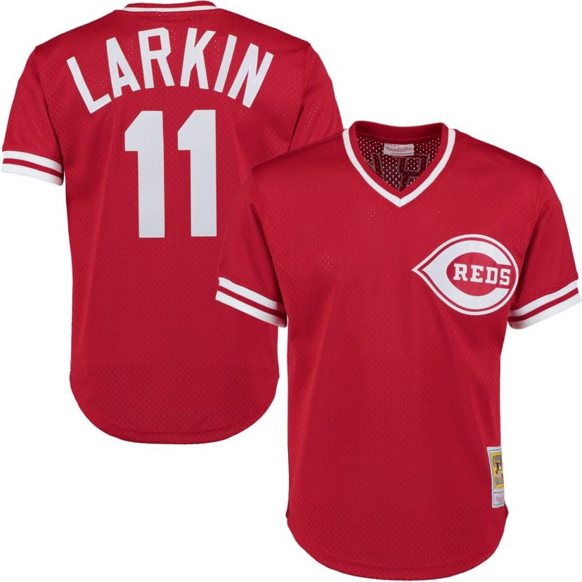 MLB Barry Larkin Cincinnati Reds Cooperstown Collection Mesh Batting Practice Button-Up Jersey