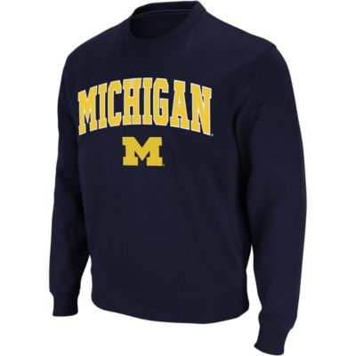 Colosseum Men's NCAA Michigan Wolverines Arch & Logo Crew Neck Sweatshirt, Navy Blue, Small