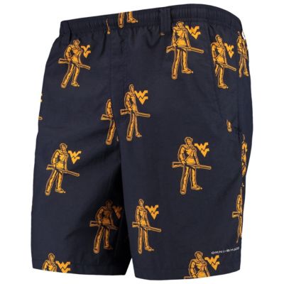 Columbia Men's NCAA West Virginia Mountaineers PFG Backcast II 8" Omni-Shade Team Hybrid Shorts, Navy Blue, Small