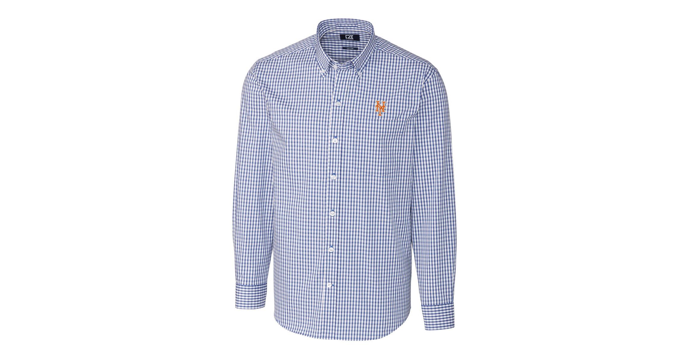 MLB New York Mets Big & Tall Stretch Gingham Long Sleeve Button-Down Shirt