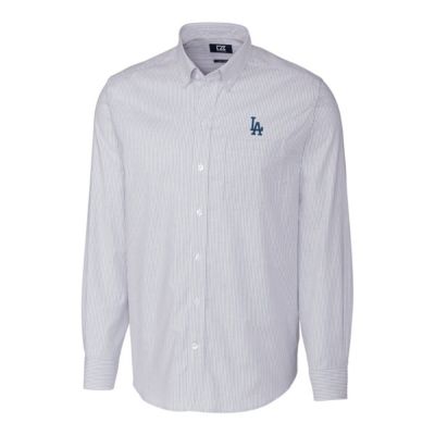 Cutter & Buck Men's MLB Los Angeles Dodgers Big & Tall Stretch Oxford Striped Long Sleeve Button-Down Shirt, Navy Blue, 2XL Tall