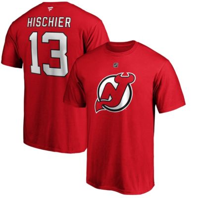 Men's NHL Fanatics Nico Hischier New Jersey Devils Team Authentic Stack Name & Number T-Shirt, Red, XL