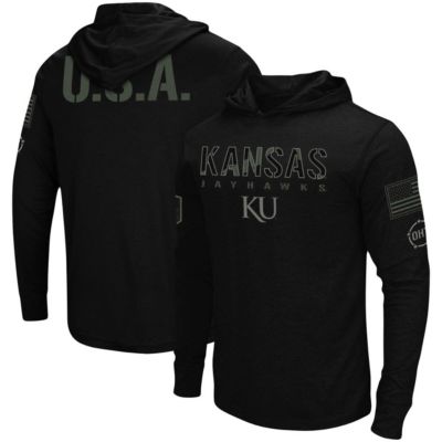 Colosseum Men's NCAA Kansas Jayhawks OHT Military Appreciation Hoodie Long Sleeve T-Shirt, Black, 3XL