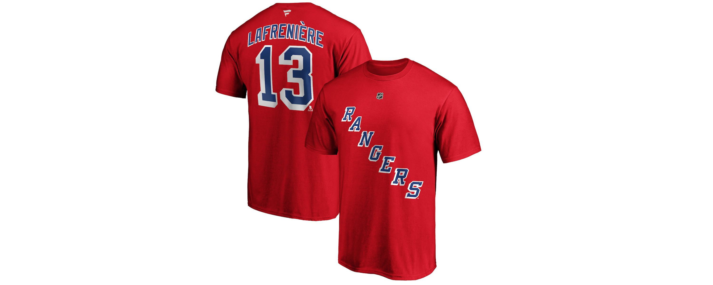 NHL Fanatics Alexis Lafrenière New York Rangers Authentic Stack Name & Number T-Shirt