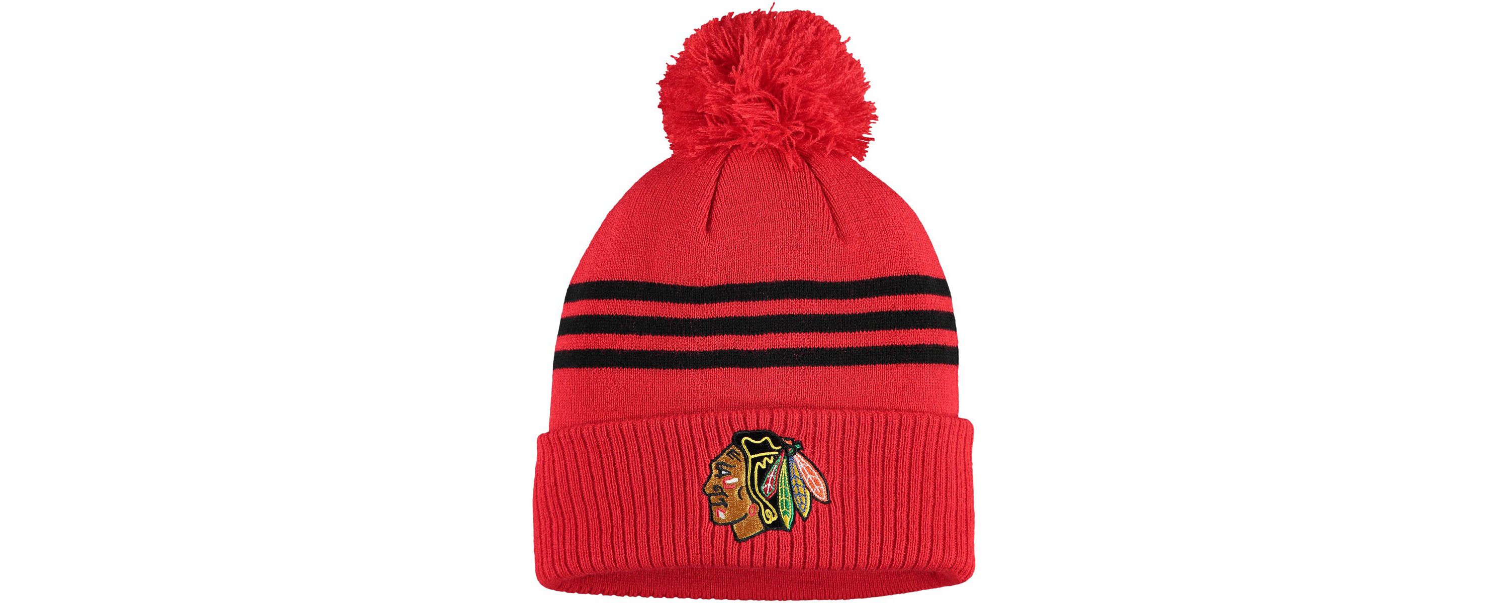 NHL Chicago Blackhawks Locker Room Three Stripe Cuffed Knit Hat with Pom