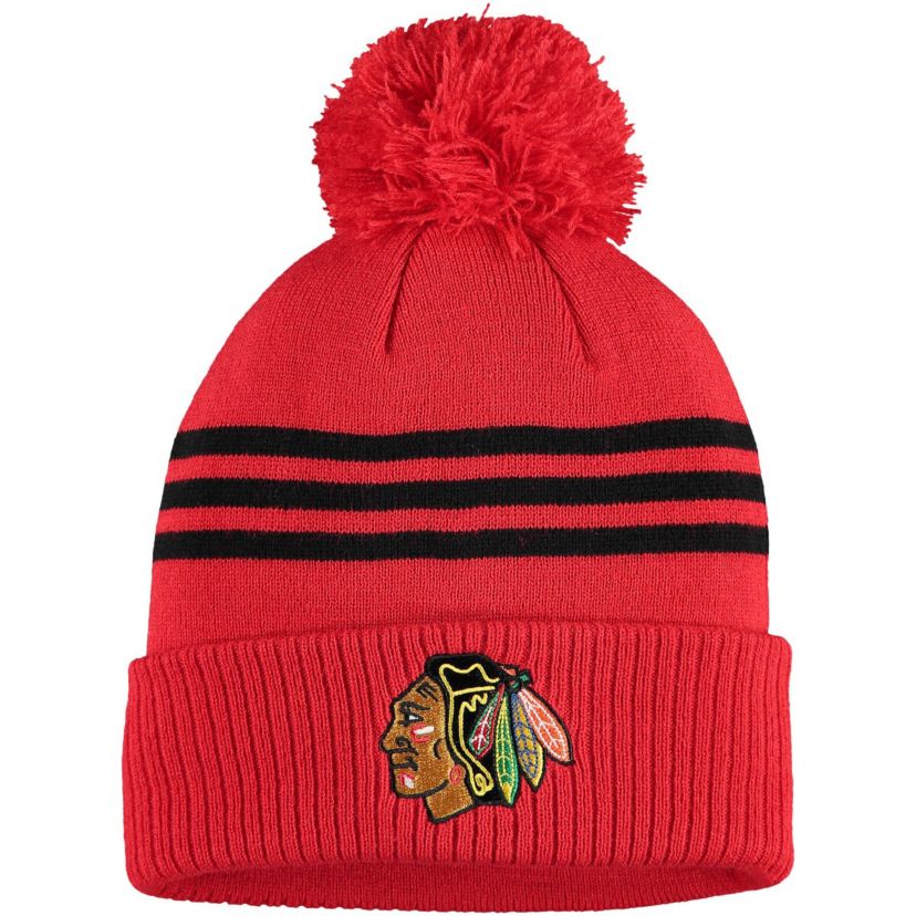 NHL Chicago Blackhawks Locker Room Three Stripe Cuffed Knit Hat with Pom