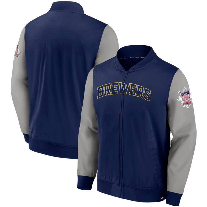 MLB Fanatics Navy/Gray Milwaukee Brewers Iconic Record Holder Full-Zip Lightweight Windbreaker Bomber Jacket