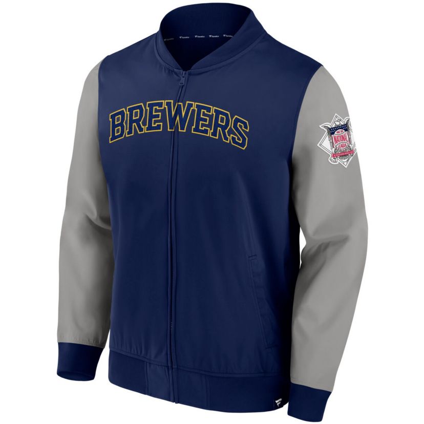 MLB Fanatics Navy/Gray Milwaukee Brewers Iconic Record Holder Full-Zip Lightweight Windbreaker Bomber Jacket