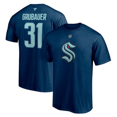 Men's NHL Fanatics Philipp Grubauer Deep Sea Seattle Kraken Authentic Stack Name & Number T-Shirt, Navy Blue, Large